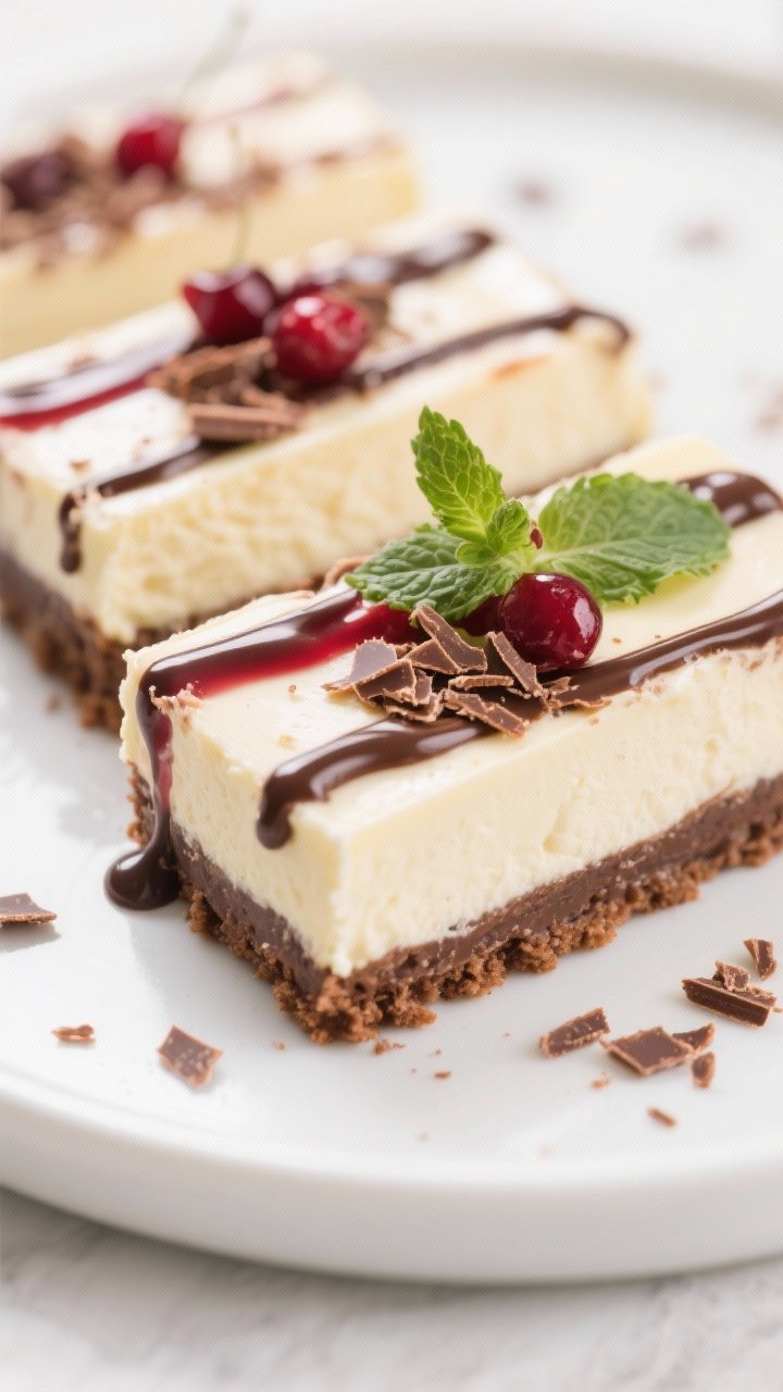 Close-up, three-quarter angle of chilled Keto Chocolate Cherry Cheesecake Bars sliced cleanly into n