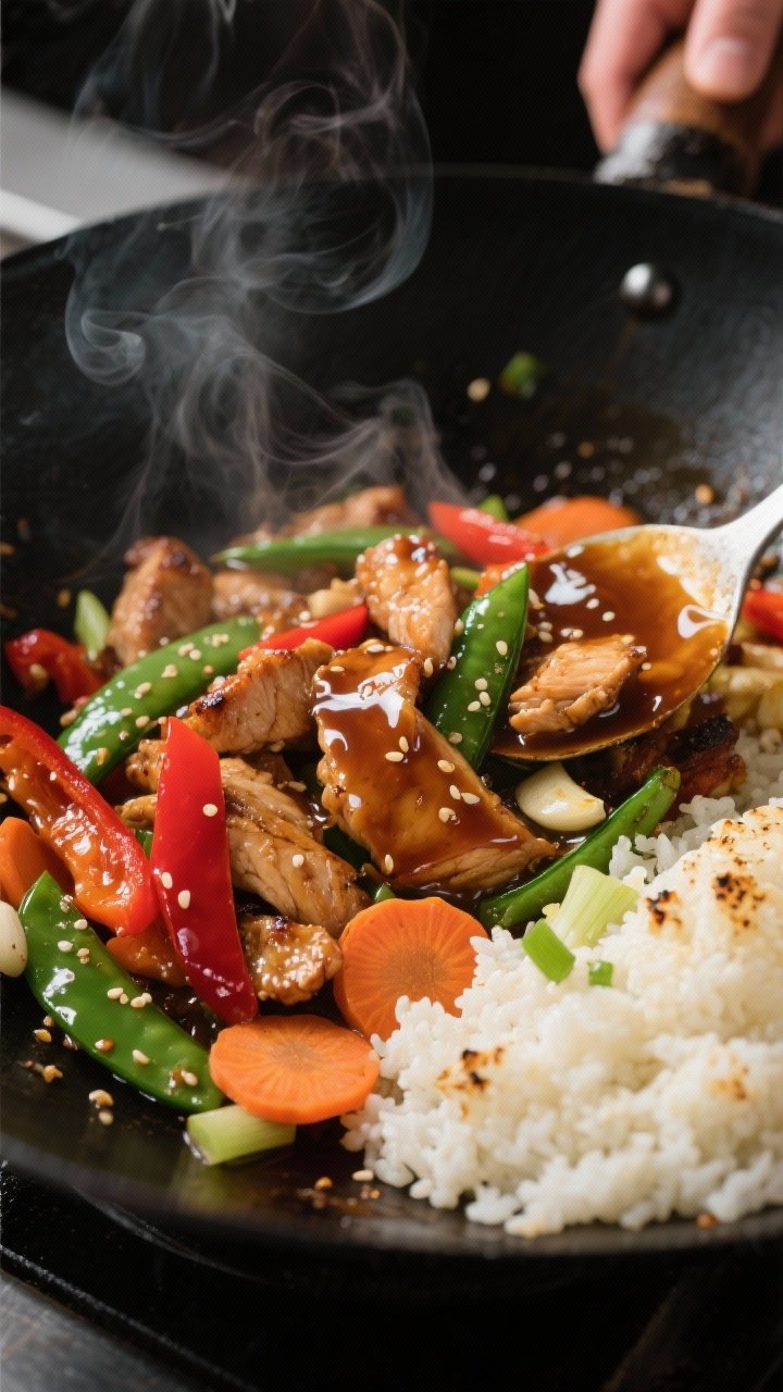 Cooking process, action close-up: Sizzling chicken and vegetables being stir-fried in a large black 