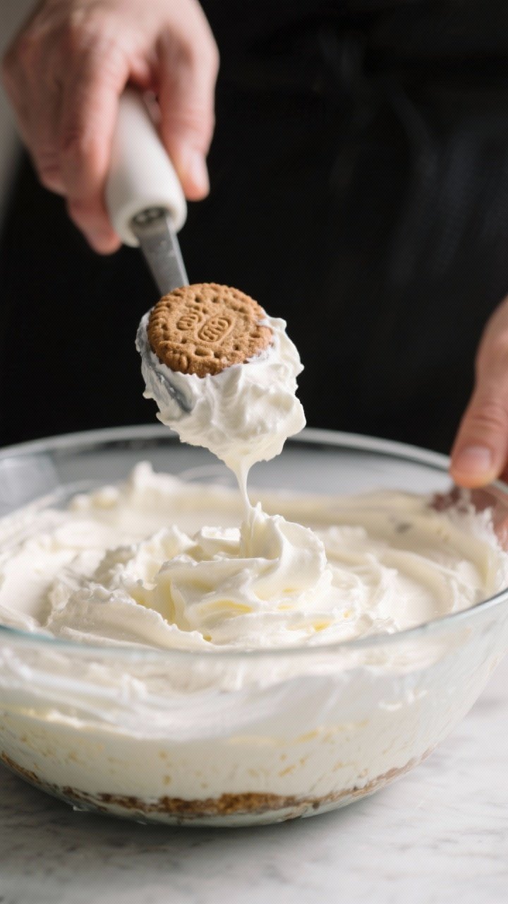 Cooking process close-up: A chilled bowl of whipped, airy no-bake keto cheesecake mixture being scoo