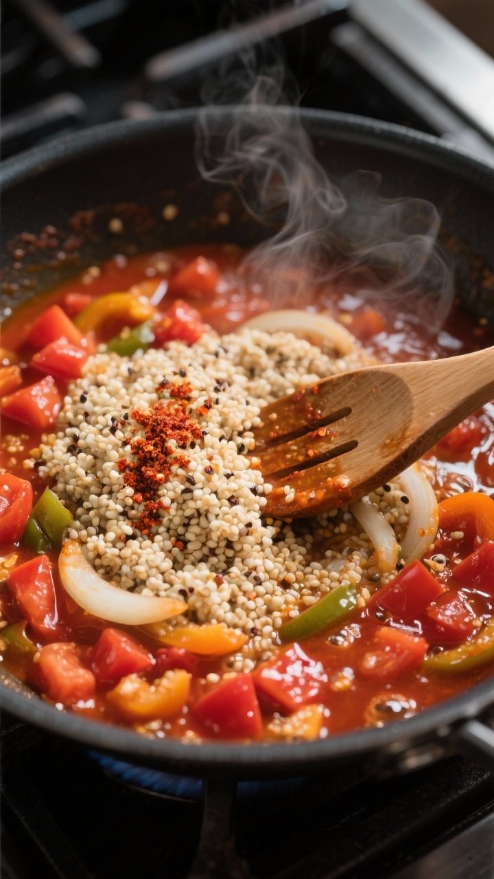 Cooking process close-up: A deep skillet on the stovetop at a gentle simmer, showing fluffy quinoa c