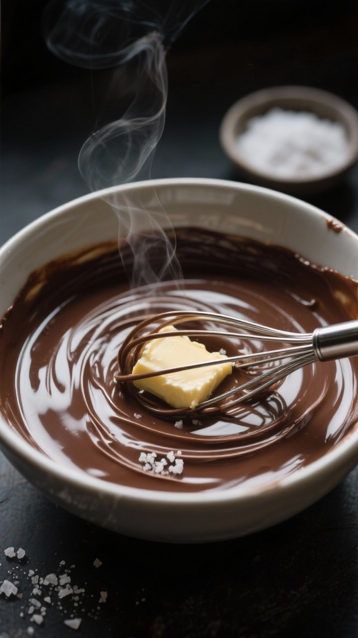 Cooking process close-up: A glossy bowl of freshly stirred espresso-chocolate ganache catching soft 