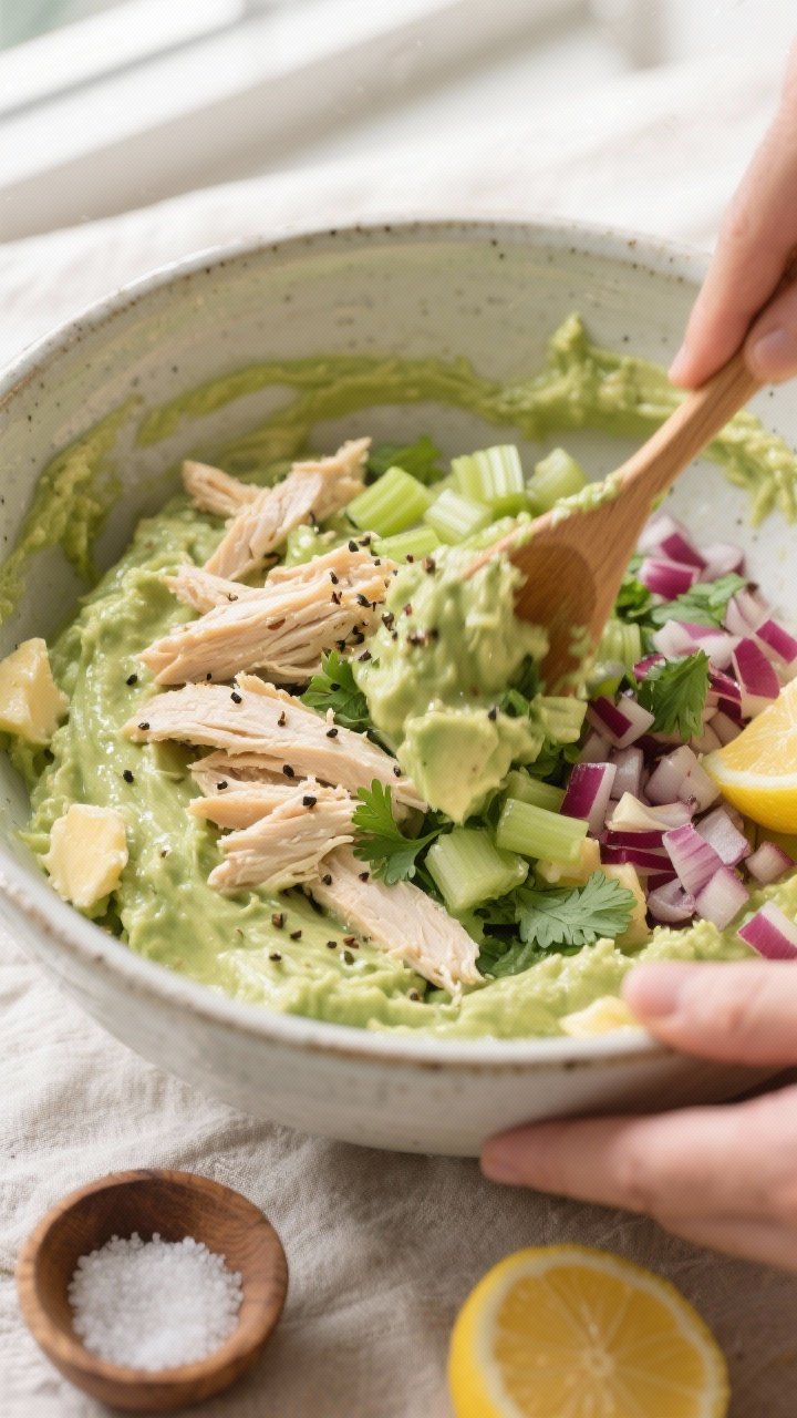 Cooking process close-up: A large ceramic mixing bowl with freshly mashed avocado base—creamy pale