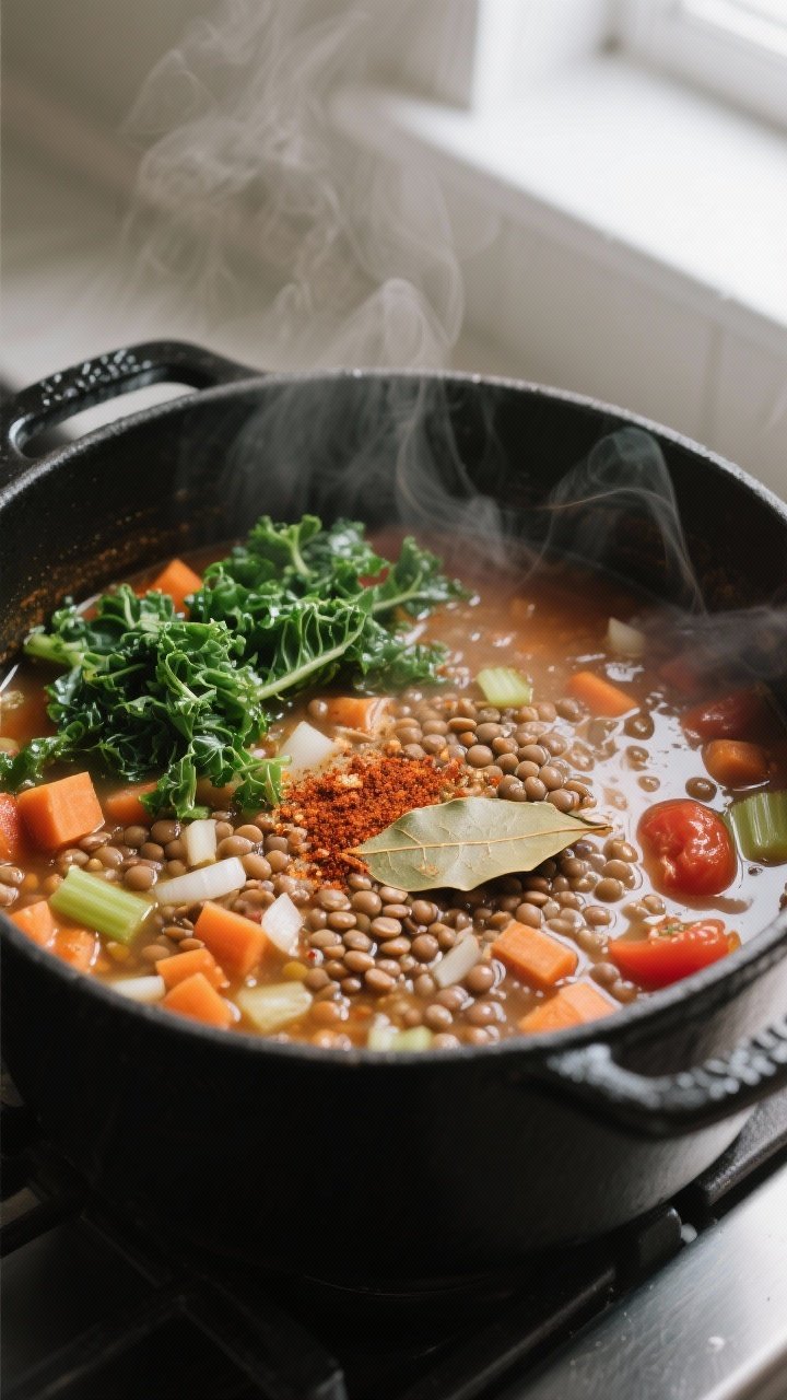 Cooking process close-up: A large Dutch oven of simmering Lentil & Veggie Soup mid-cook, overhead an