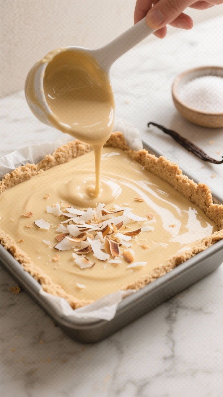 Cooking process close-up: A par-baked almond flour crust in an 8x8 parchment-lined pan being topped 