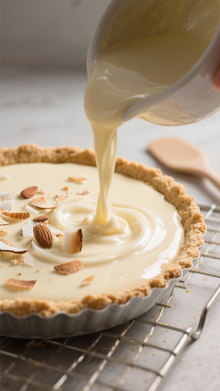 Cooking process close-up: A shallow-depth-of-field shot of the silky coconut custard being poured, g