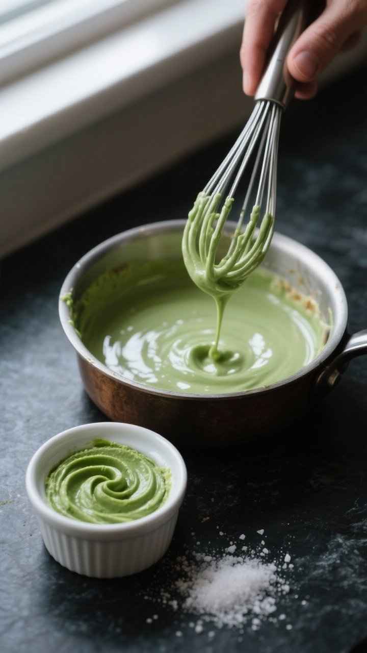 Cooking process close-up: A small saucepan off-heat with a glossy, fully combined mixture of melted 
