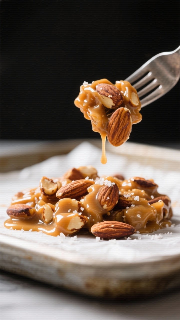 Cooking process close-up: A tight macro shot of glossy keto caramel-coated toasted almonds just afte