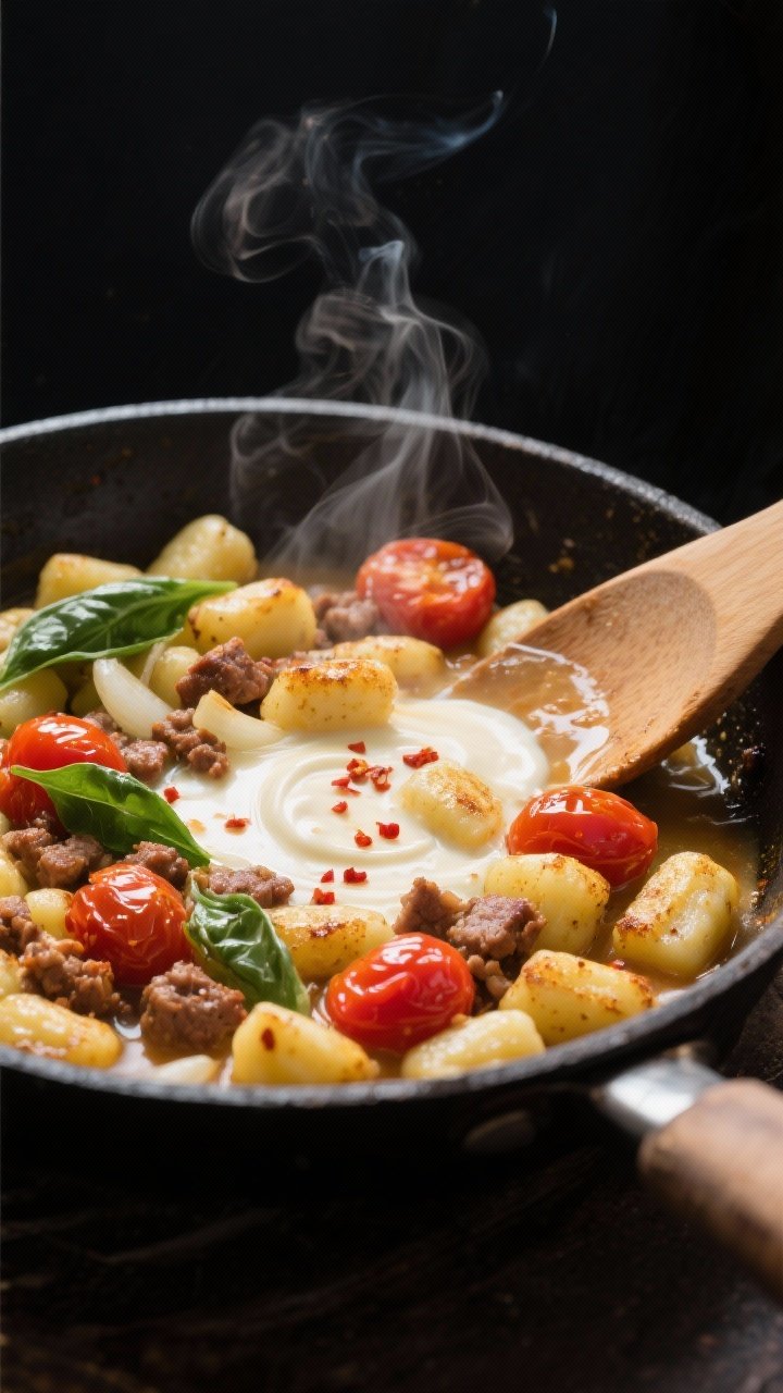 Cooking process close-up: Cast-iron skillet scene of golden-seared potato gnocchi nestled with brown