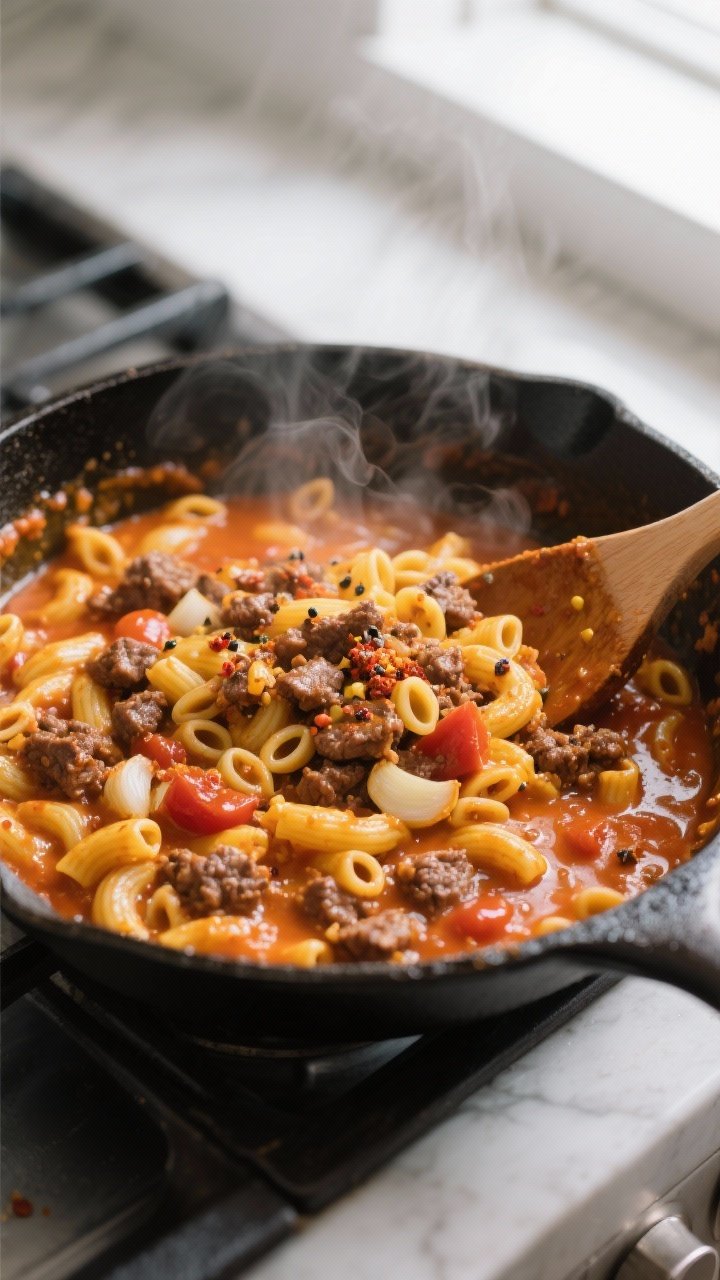 Cooking process, close-up detail: A deep 12-inch cast-iron skillet mid-simmer with cheeseburger past