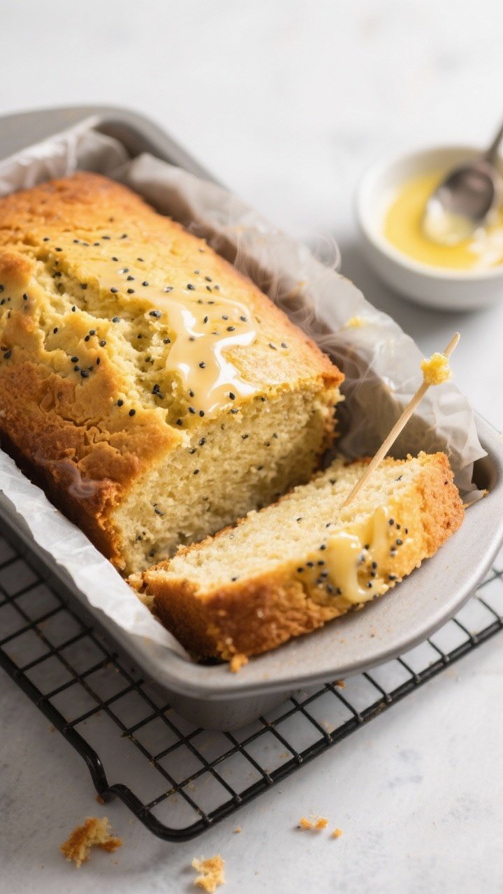Cooking process, close-up detail: A golden keto lemon poppy seed loaf just out of the oven, still in