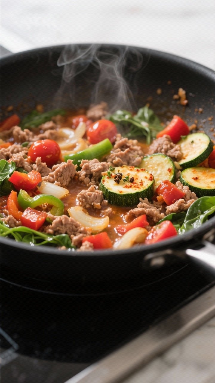 Cooking process, close-up detail: A large black skillet on the stovetop with ground turkey, diced re