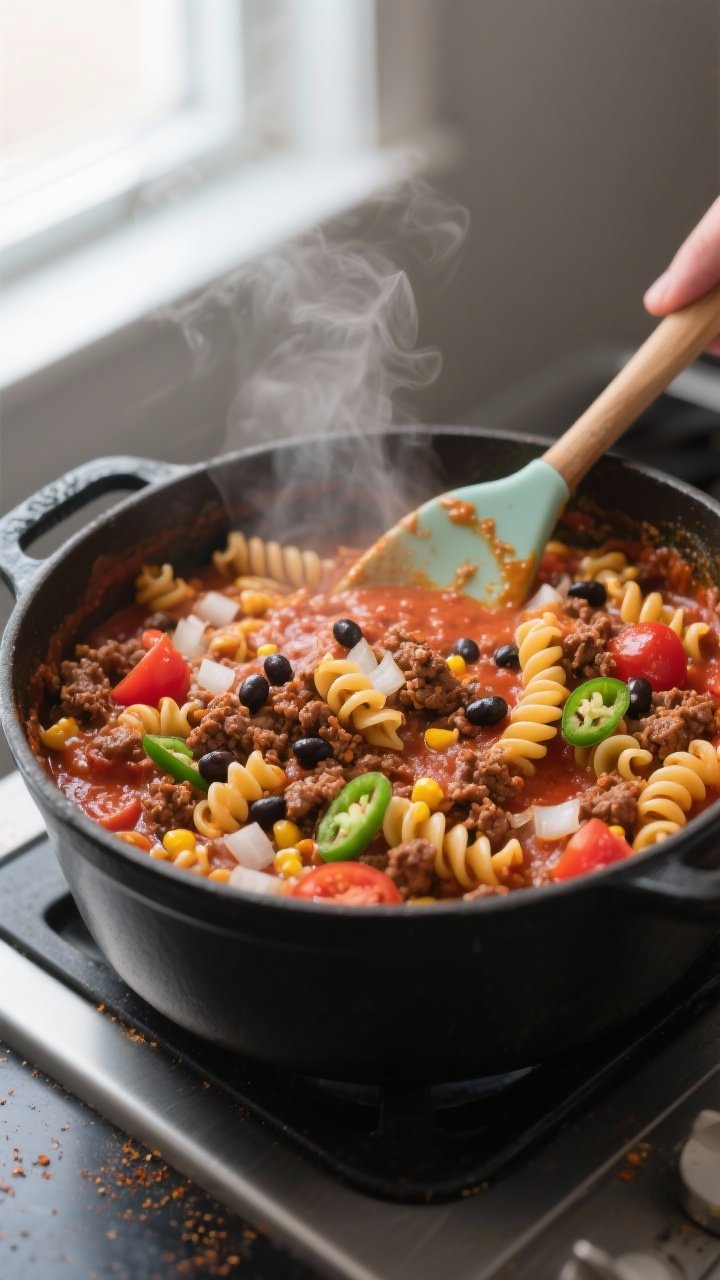 Cooking process, close-up detail: A steaming one-pot ground beef taco pasta mid-simmer in a matte bl