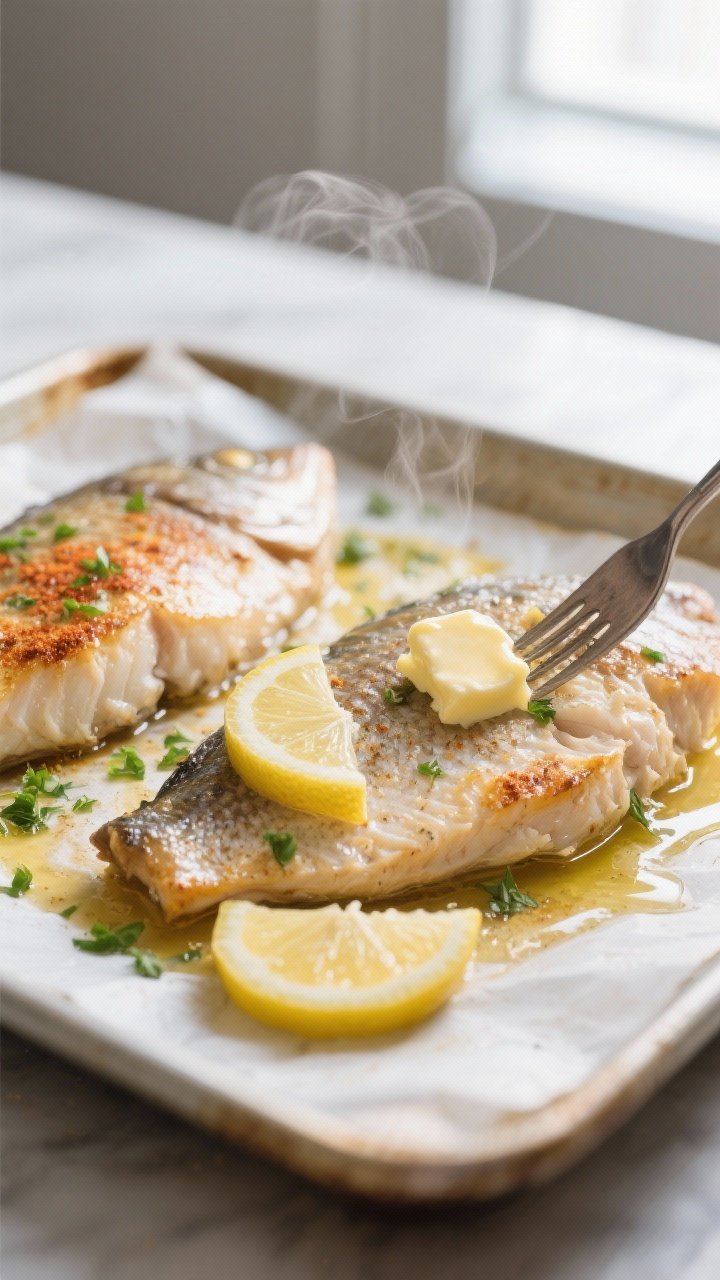 Cooking process, close-up detail: Baked tilapia just out of the oven on a parchment-lined sheet pan,