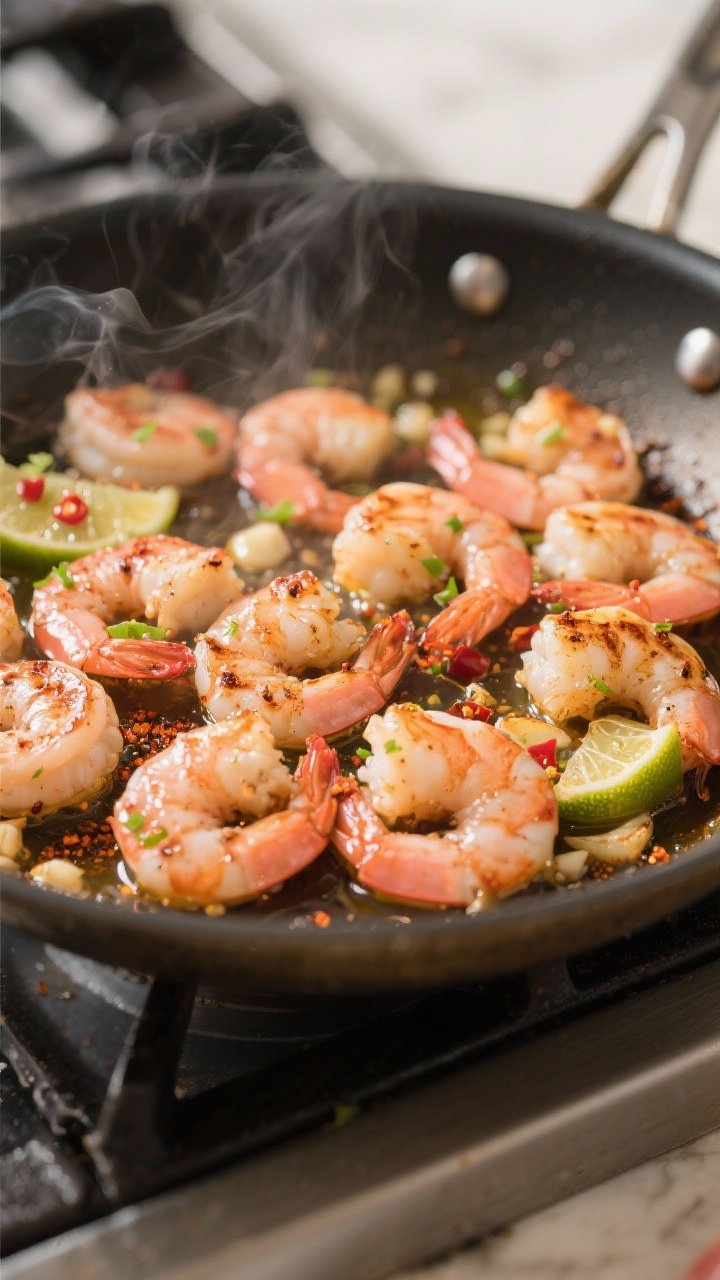Cooking process, close-up detail: Chili-lime shrimp sizzling in a large skillet, mid-sear with light
