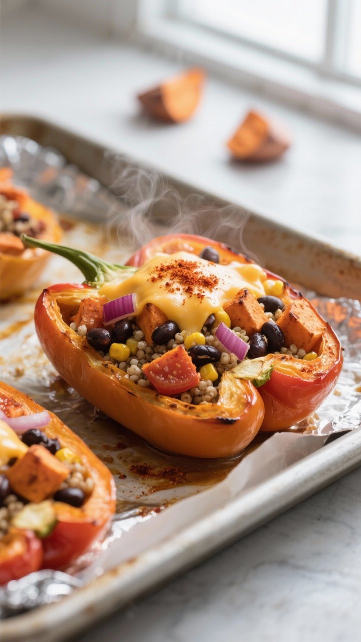 Cooking process, close-up detail: Close-up of bell pepper halves just after stuffing, packed with ro