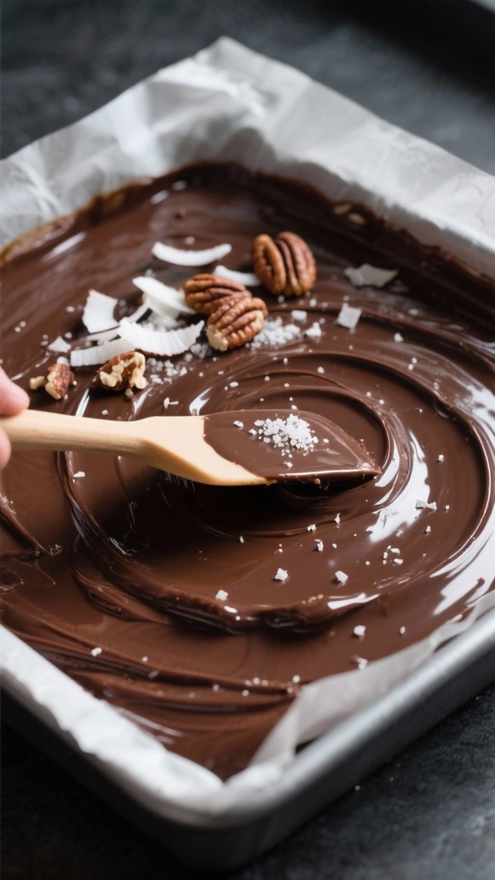 Cooking process, close-up detail: Close-up of glossy keto chocolate coconut fudge mixture being smoo