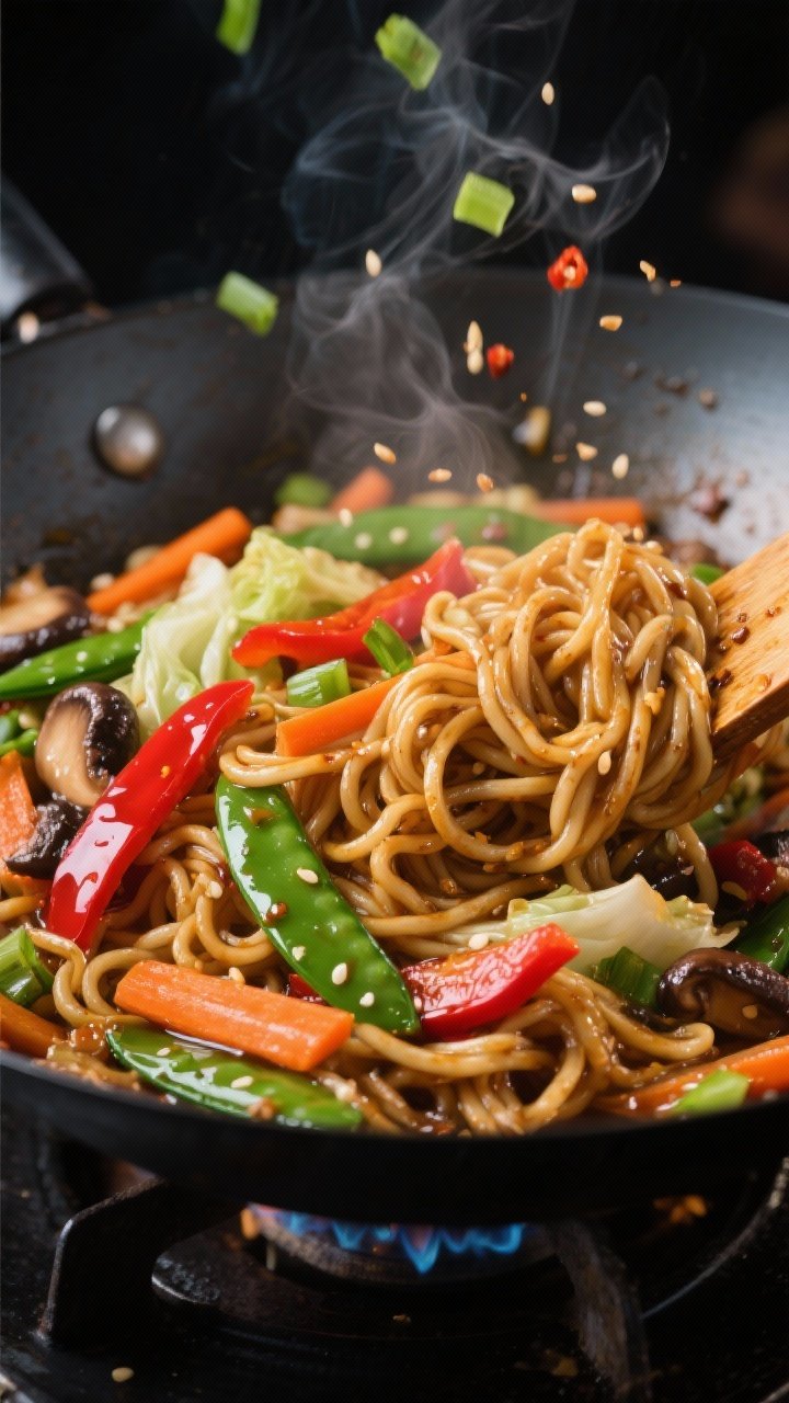 Cooking process, close-up detail: Close-up of glossy veggie lo mein mid-stir in a hot wok over mediu