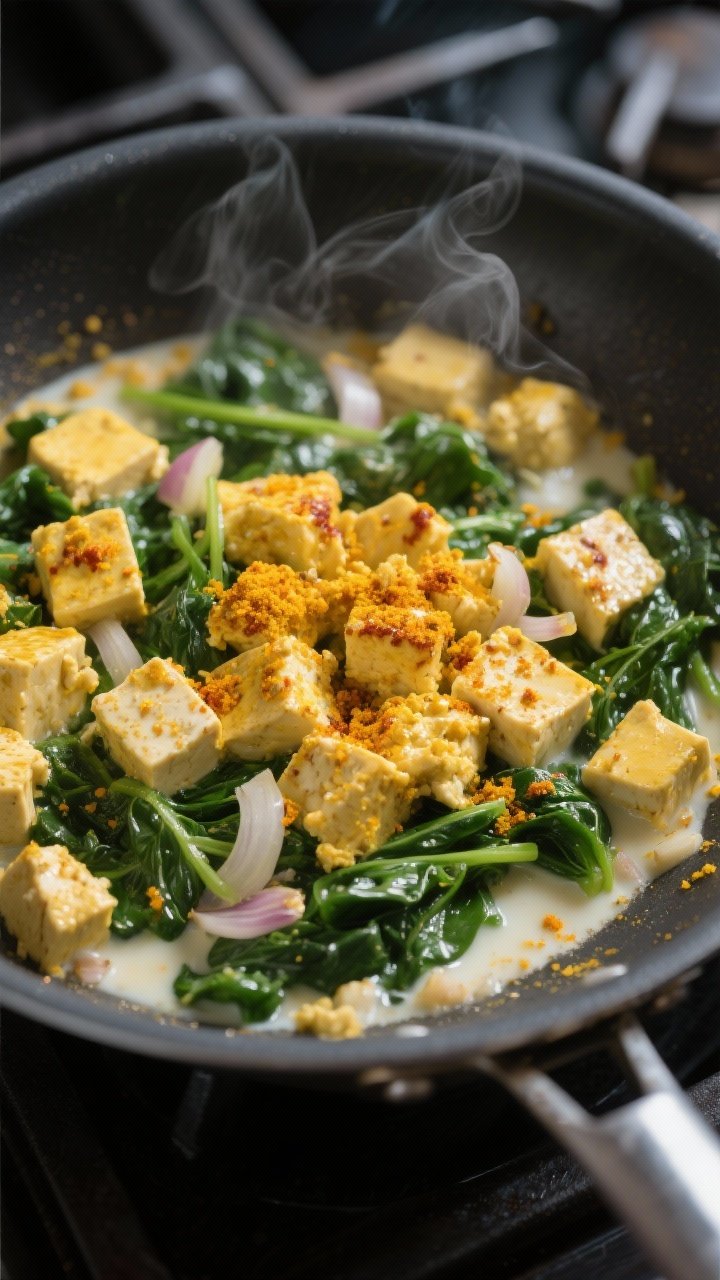 Cooking process, close-up detail: Close-up of golden, crumbled tofu and wilted spinach sizzling in a