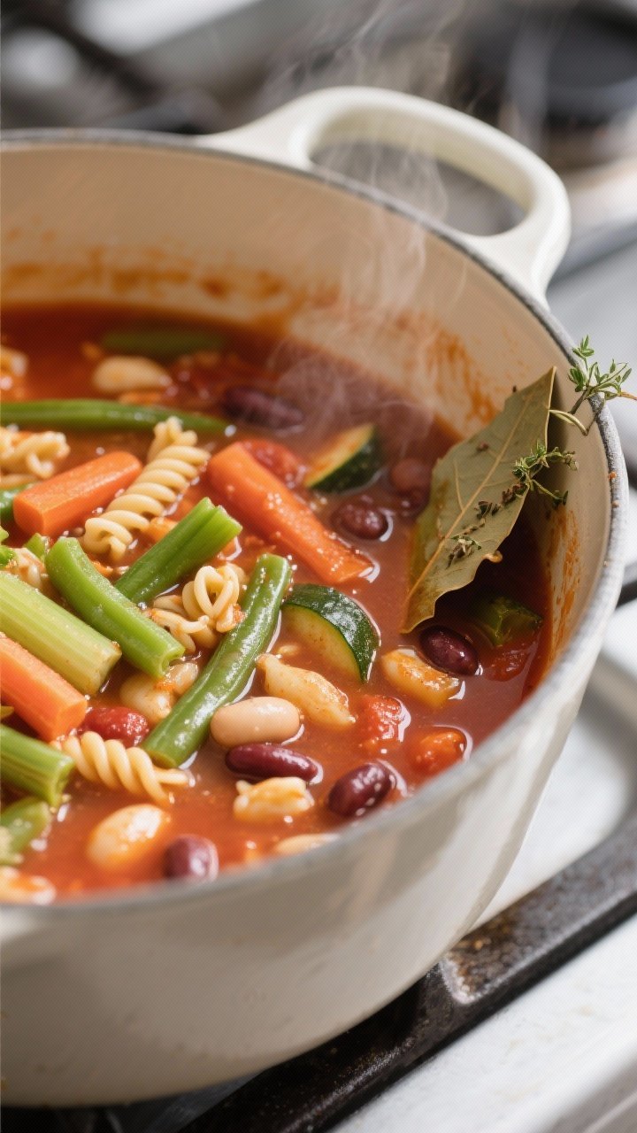 Cooking process, close-up detail: Close-up of minestrone soup simmering in a wide, enameled Dutch ov