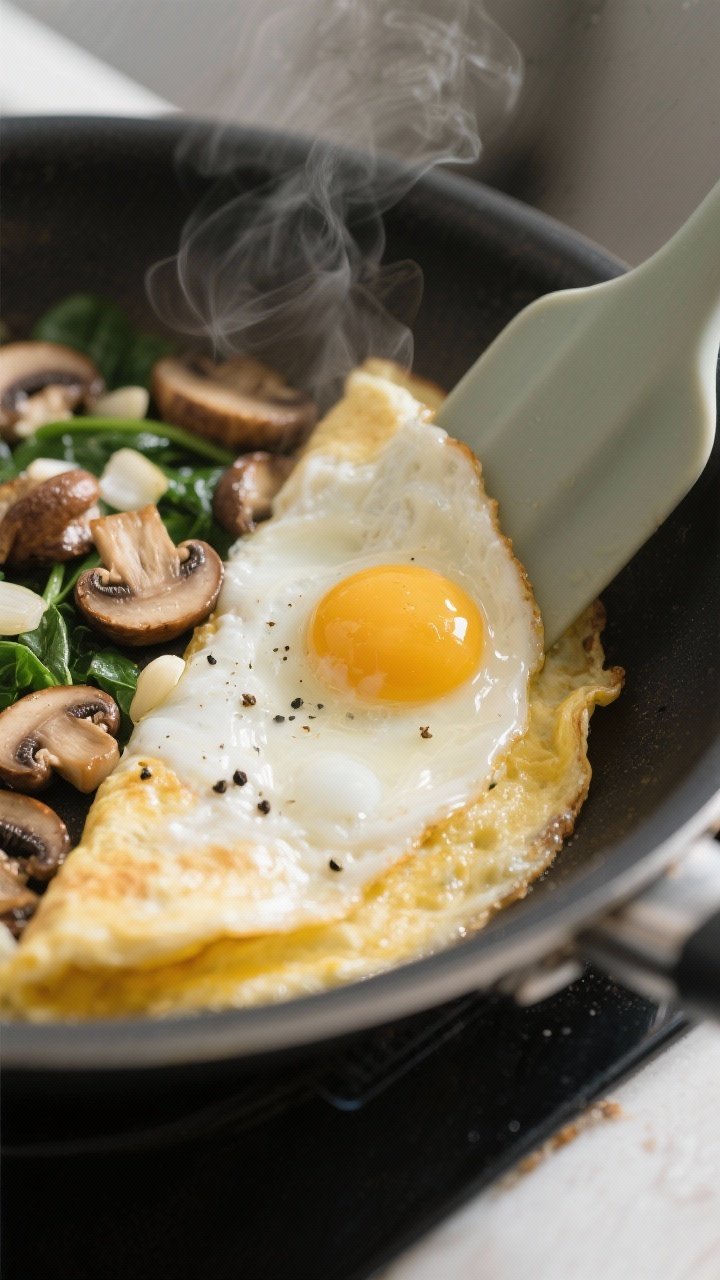 Cooking process, close-up detail: Egg white & mushroom omelette setting in a nonstick skillet, mediu