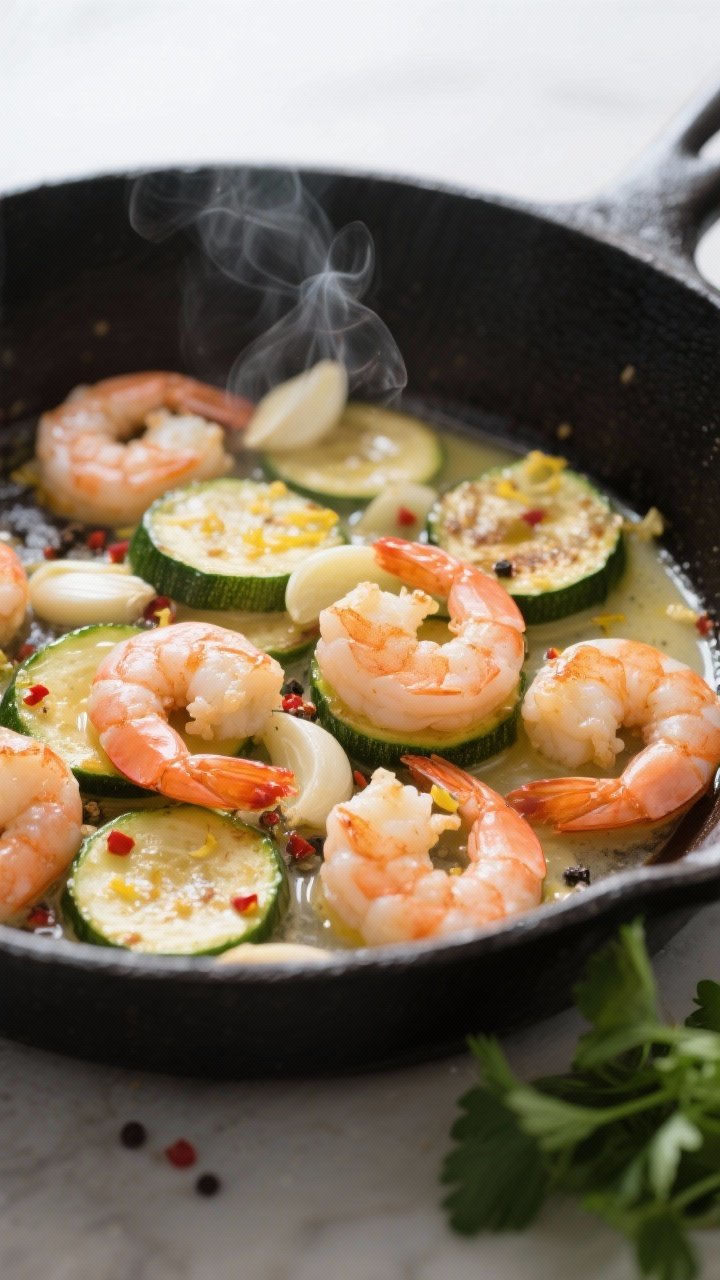 Cooking process, close-up detail: Garlic shrimp and zucchini sizzling in a black cast-iron skillet, 
