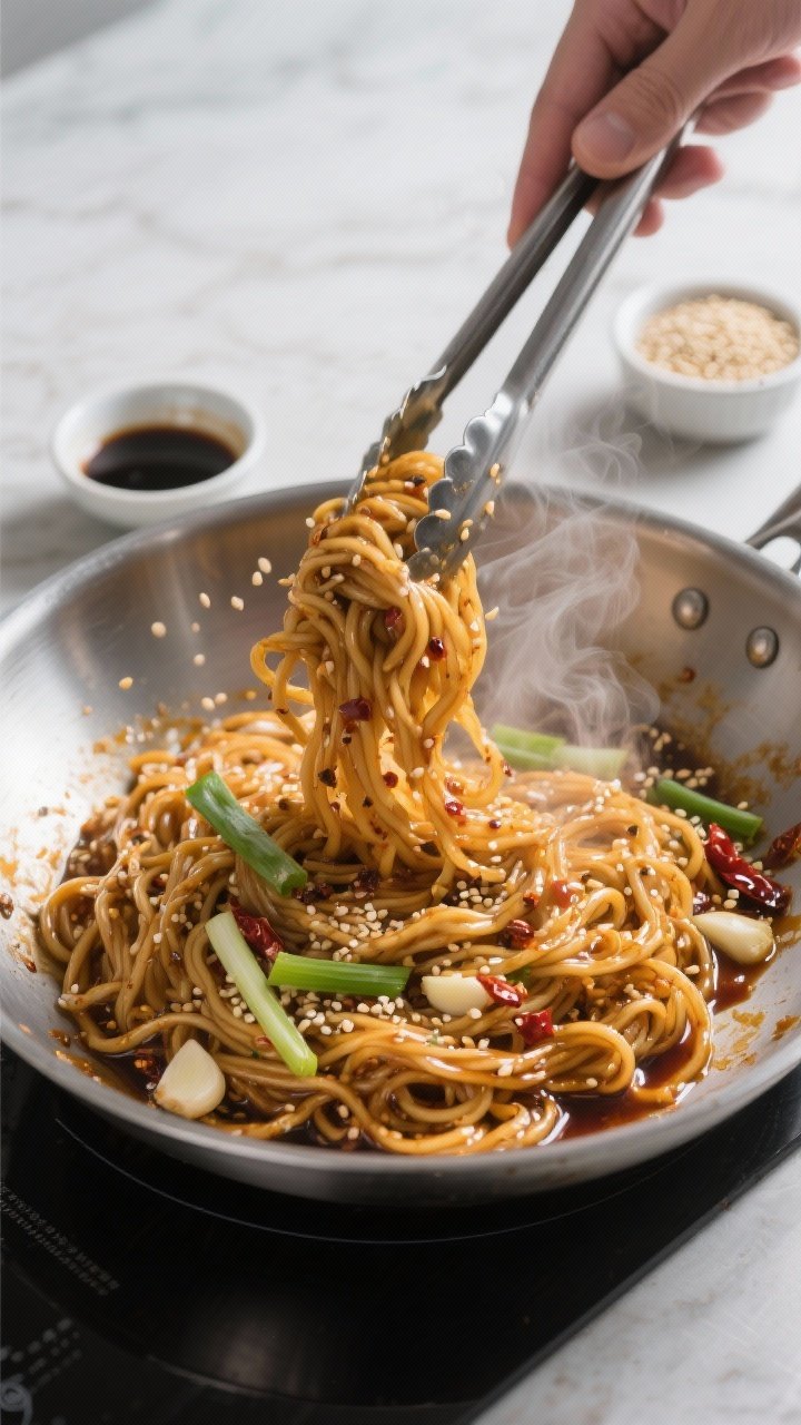 Cooking process, close-up detail: Glossy sesame noodles being tossed in a wide stainless-steel skill