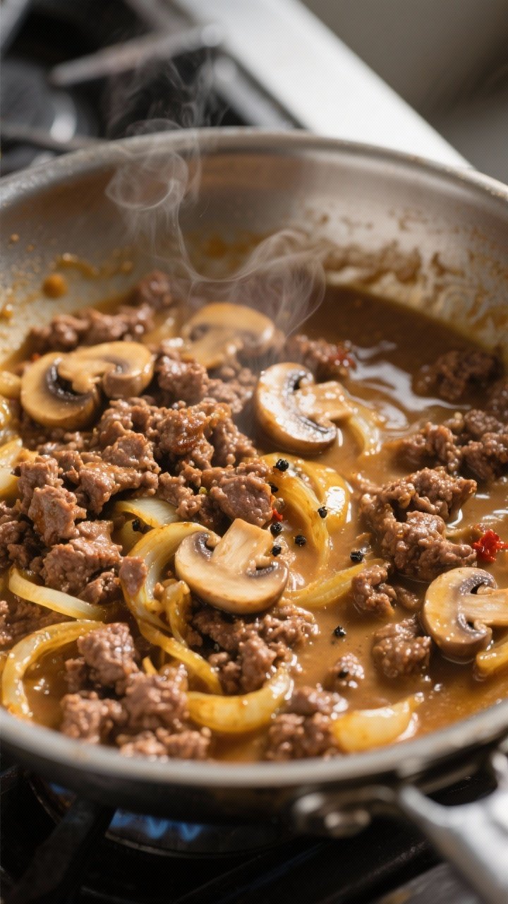 Cooking process, close-up detail: Golden-browned ground beef stroganoff base sizzling in a wide stai