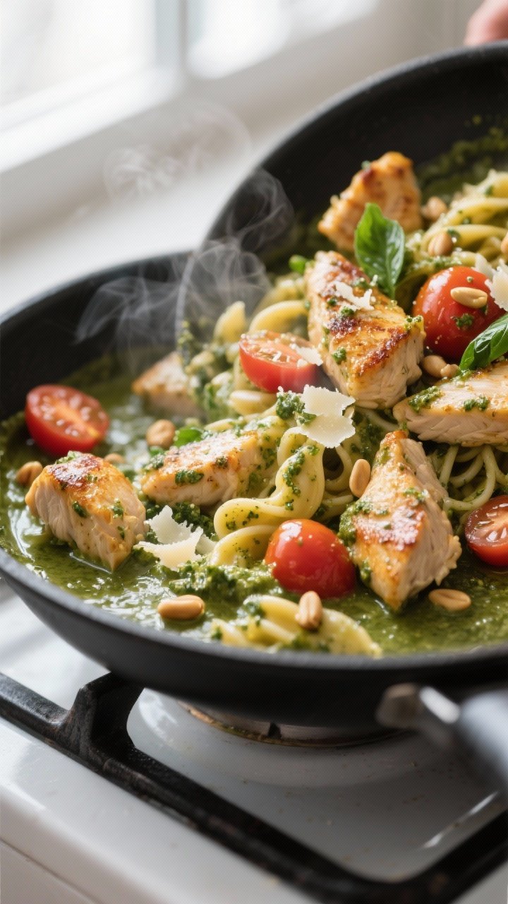 Cooking process, close-up detail: Golden-seared bite-size chicken pieces in a large skillet being to