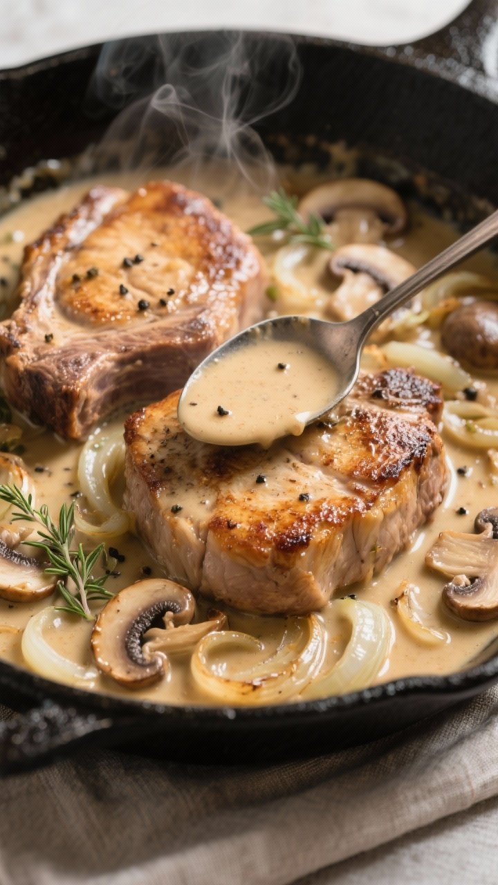 Cooking process, close-up detail: Golden-seared pork chops nestled back into a simmering skillet of 