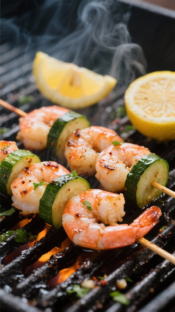Cooking process, close-up detail: Grilled shrimp and zucchini skewers sizzling on a hot grill at med