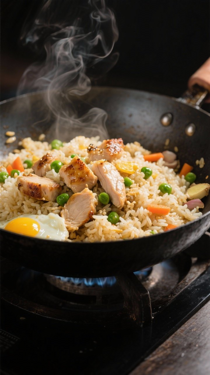 Cooking process, close-up detail: High-heat chicken fried rice mid-cook in a carbon-steel wok, close