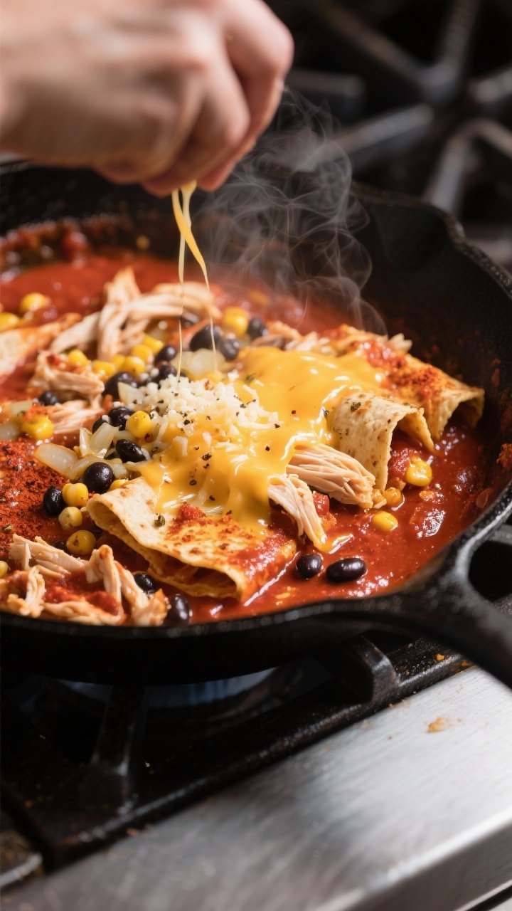 Cooking process, close-up detail: In a matte black 12-inch skillet, glistening tortilla strips and s