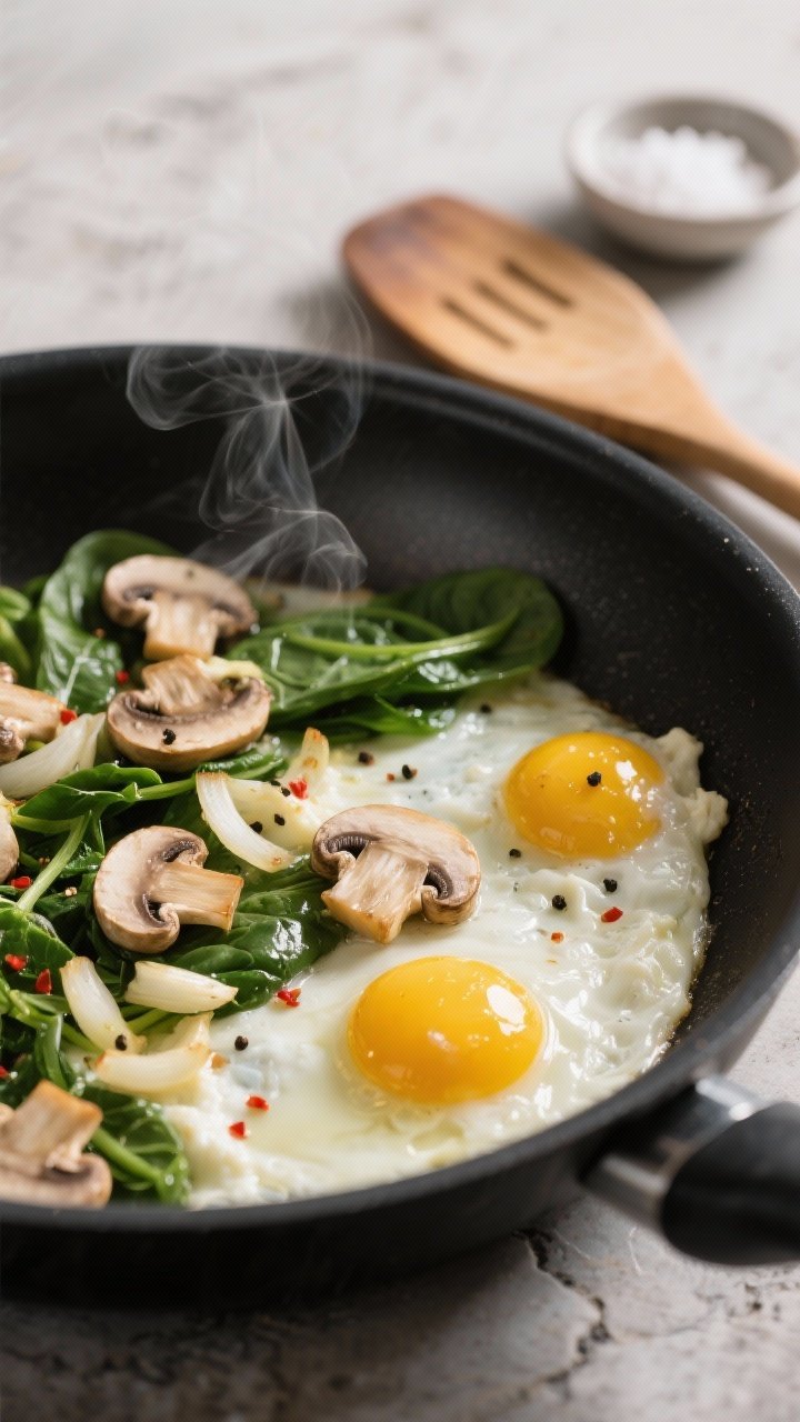 Cooking process, close-up detail: In a nonstick skillet, a soft, glossy egg white scramble gently fo