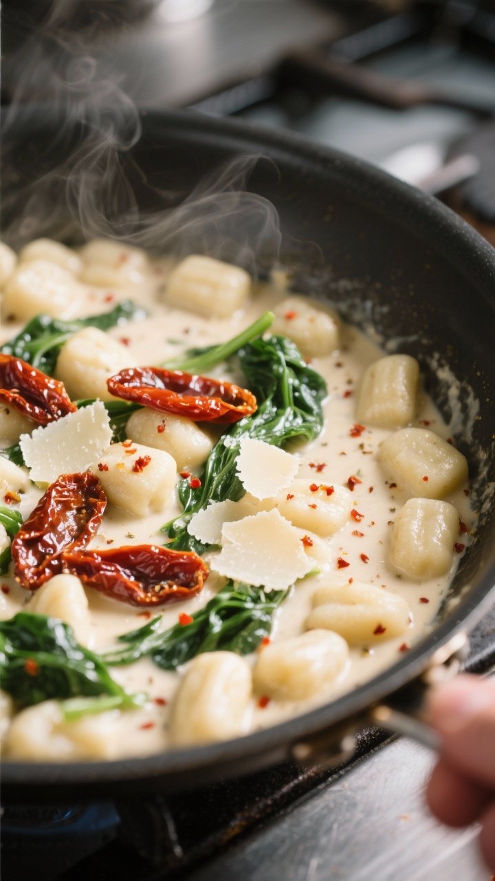 Cooking process, close-up detail: In-pan creamy Tuscan gnocchi mid-simmer in a large skillet, gnocch