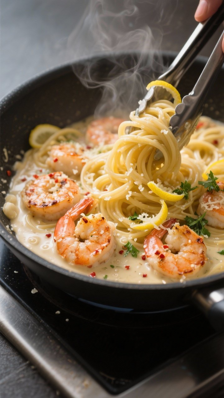 Cooking process, close-up detail: In-pan shot of seared shrimp just returned to a glossy, gently sim