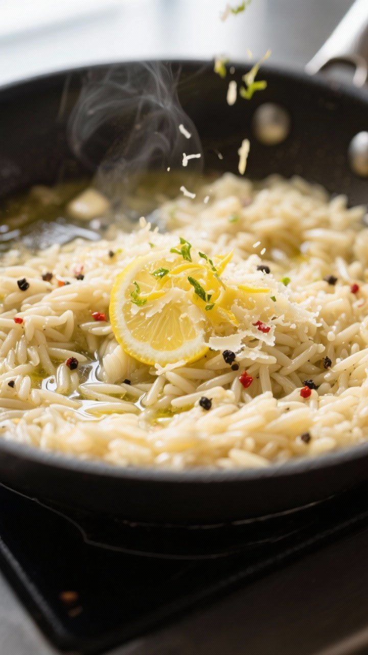 Cooking process, close-up detail: In-skillet Lemon Parmesan Orzo being tossed with melted butter and