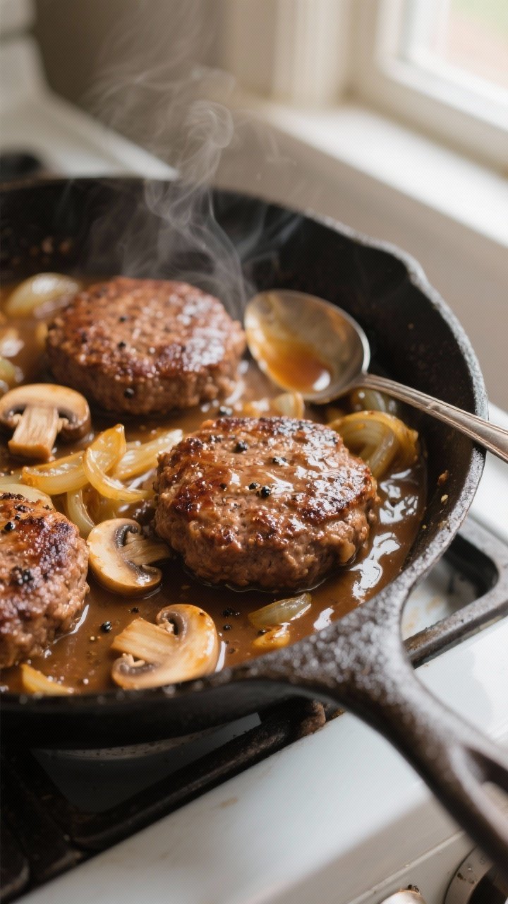 Cooking process, close-up detail: In-skillet Salisbury steaks simmering in rich onion-mushroom gravy