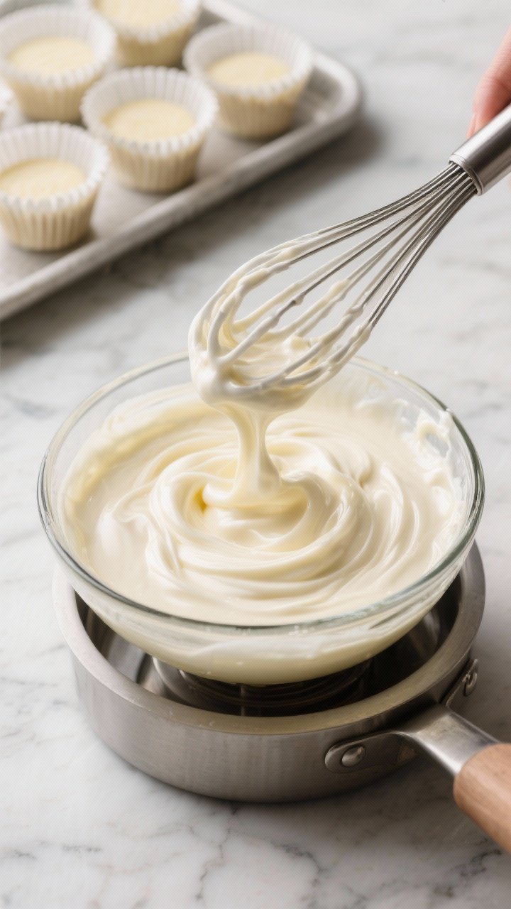 Cooking process, close-up detail: Melted sugar-free white chocolate mixture being whisked to a silky