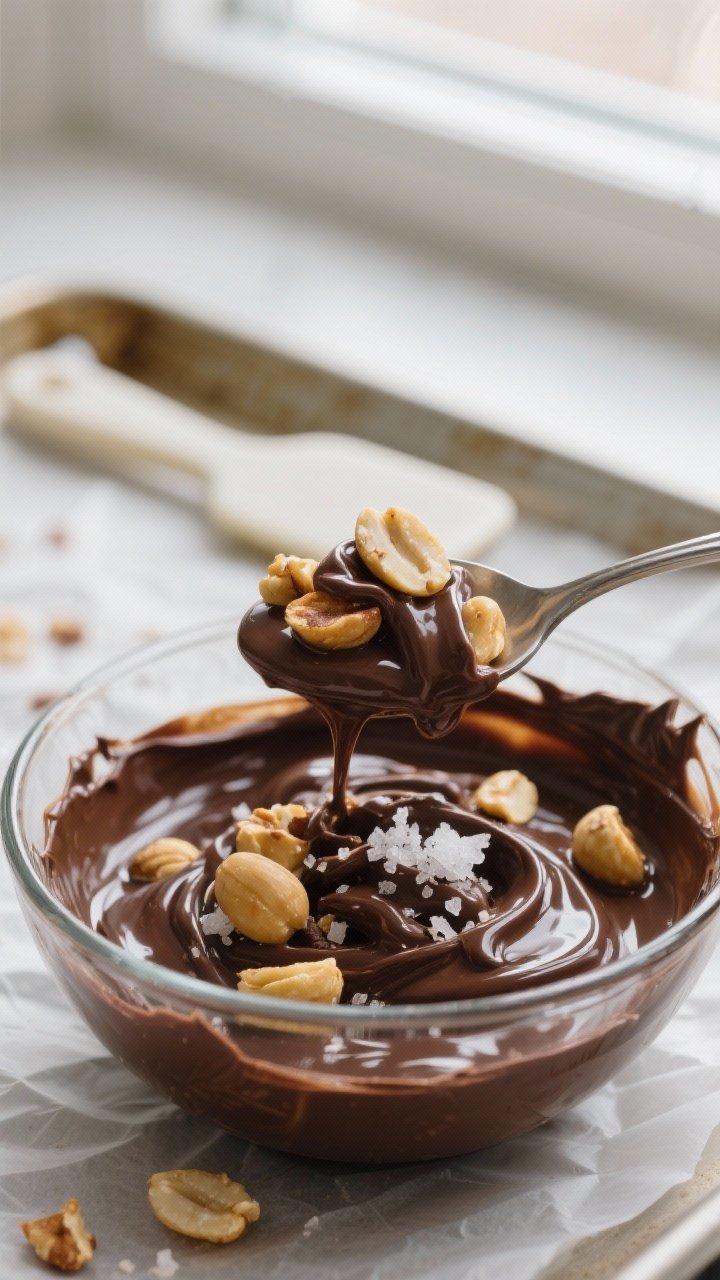 Cooking process, close-up detail: Melted sugar-free dark chocolate mixed with toasted macadamia nuts