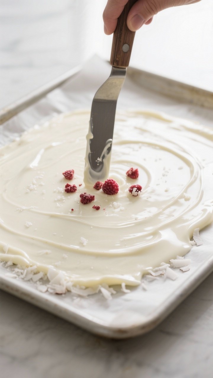 Cooking process, close-up detail: Melted sugar-free white chocolate being spread into a thin, even l