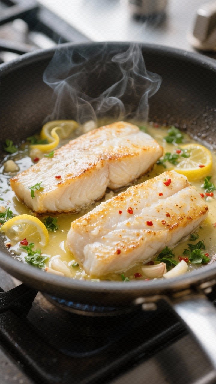 Cooking process, close-up detail: Pan-seared cod fillets mid-cook in a large skillet, presentation s