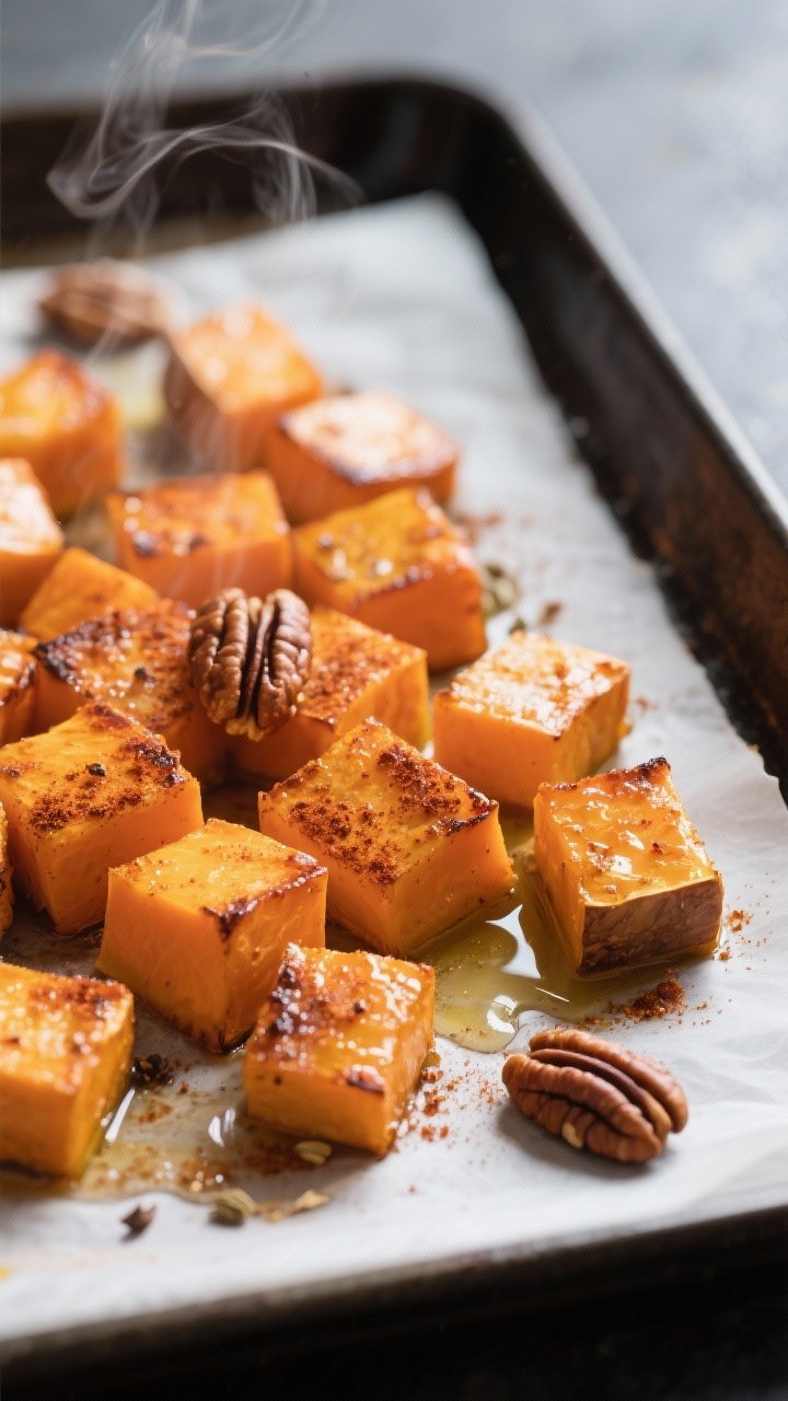 Cooking process, close-up detail: Roasted butternut squash cubes just out of a 425°F oven on a parc