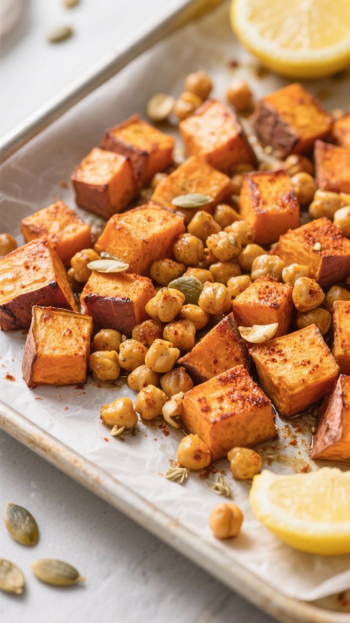 Cooking process, close-up detail: Roasted sweet potatoes and spiced chickpeas just out of the oven o