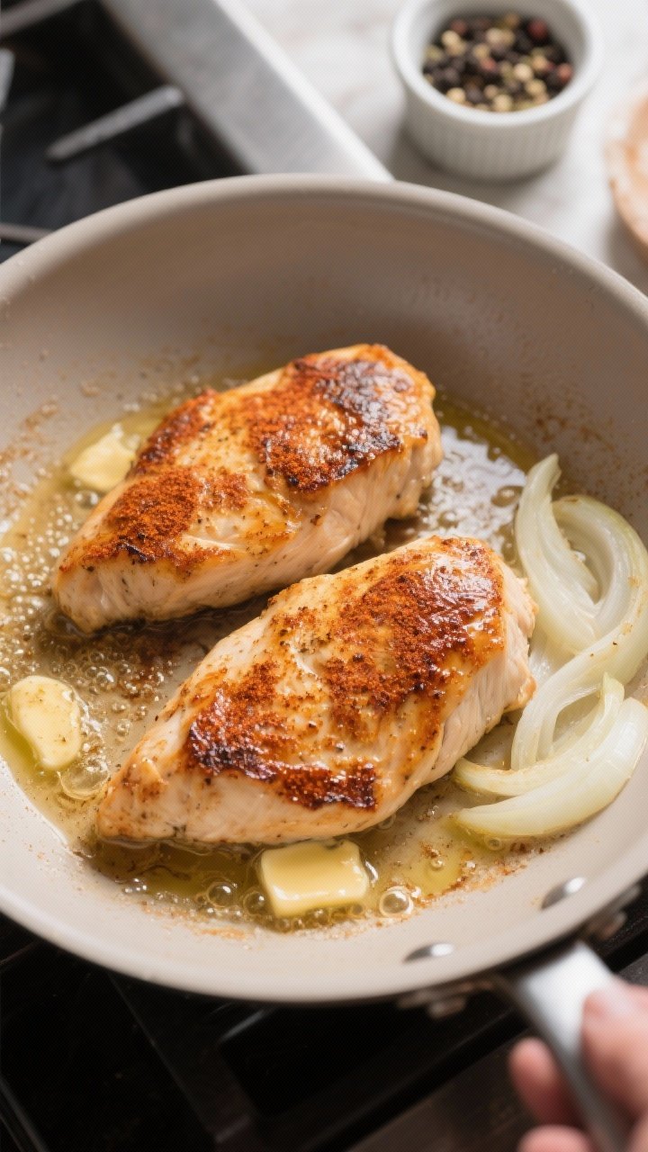 Cooking process, close-up detail: Searing chicken breasts in a large skillet until deeply golden wit