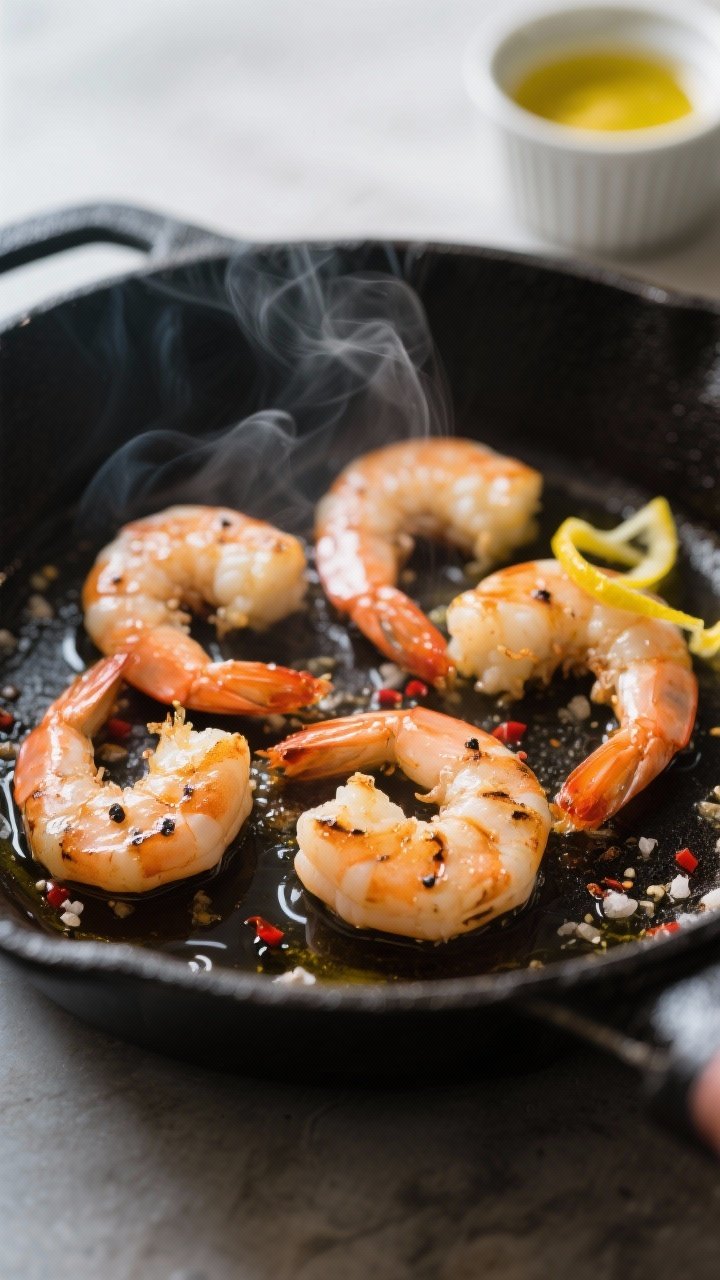 Cooking process, close-up detail: Searing large shrimp in a hot skillet, shrimp just turned opaque a