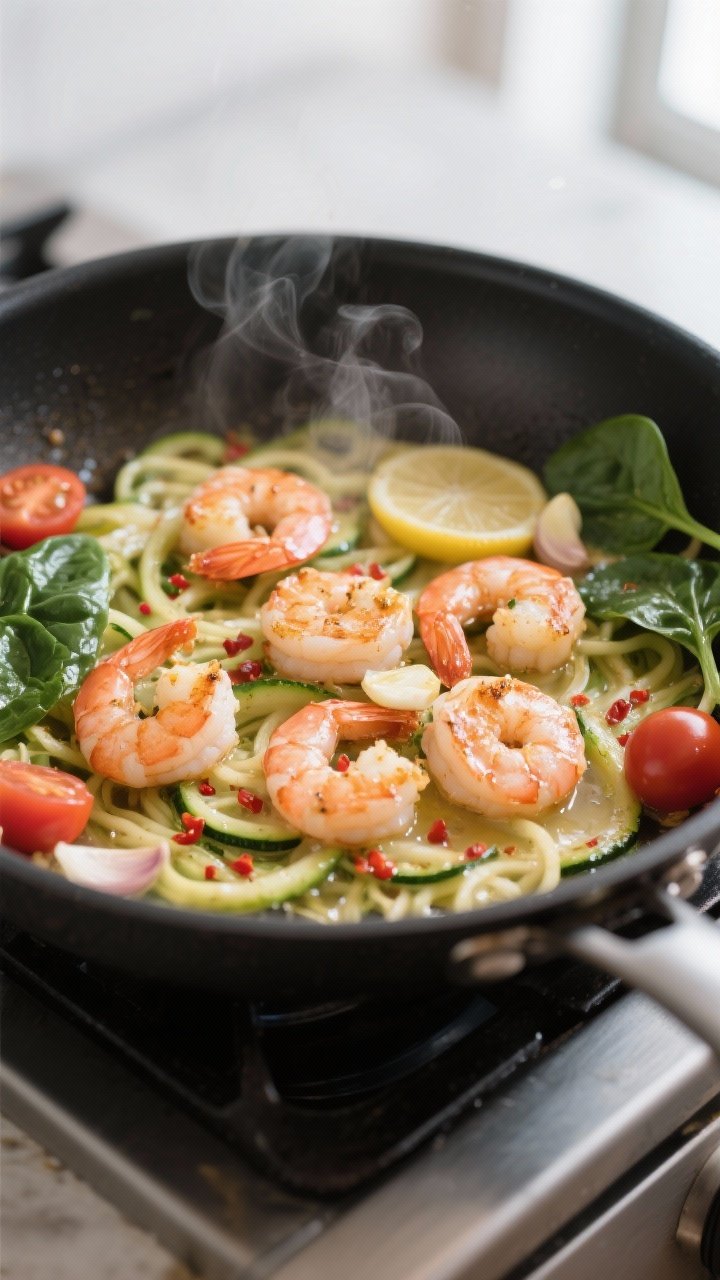 Cooking process, close-up detail: Searing shrimp for Shrimp & Zucchini Noodles in a large skillet, s