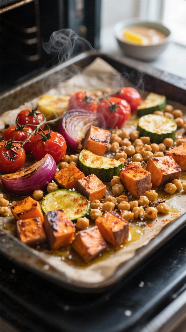 Cooking process, close-up detail: Sheet pan of roasted vegetables and chickpeas at peak caramelizati