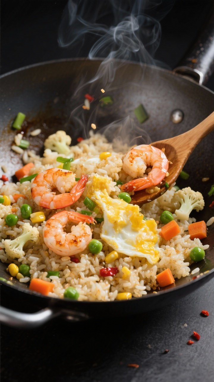 Cooking process, close-up detail: Shrimp & cauliflower fried rice mid-stir in a carbon-steel wok ove