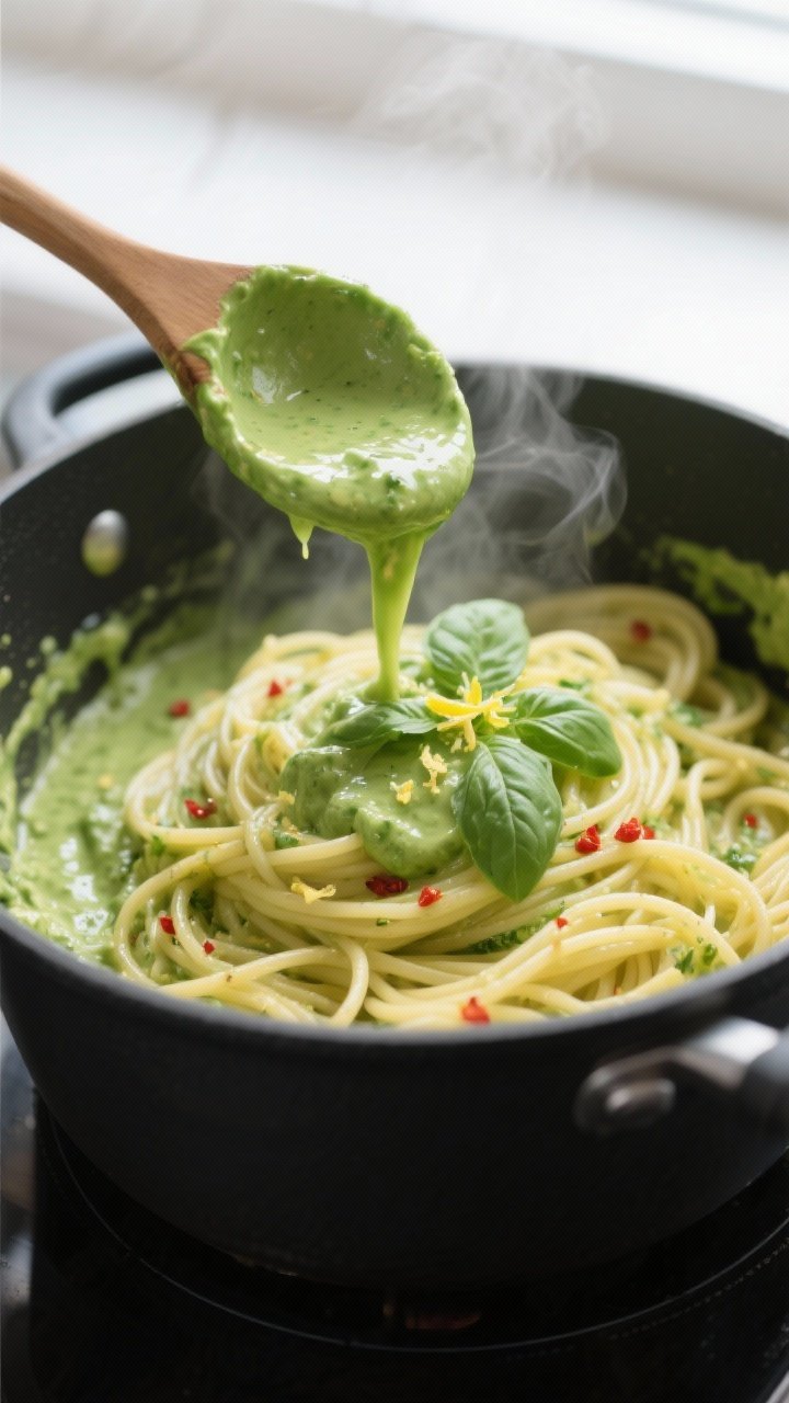 Cooking process, close-up detail: Silky avocado pasta sauce being tossed with steaming al dente spag