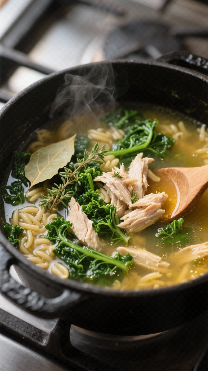 Cooking process, close-up detail: Simmering Chicken & Kale Soup in a matte black Dutch oven at a gen